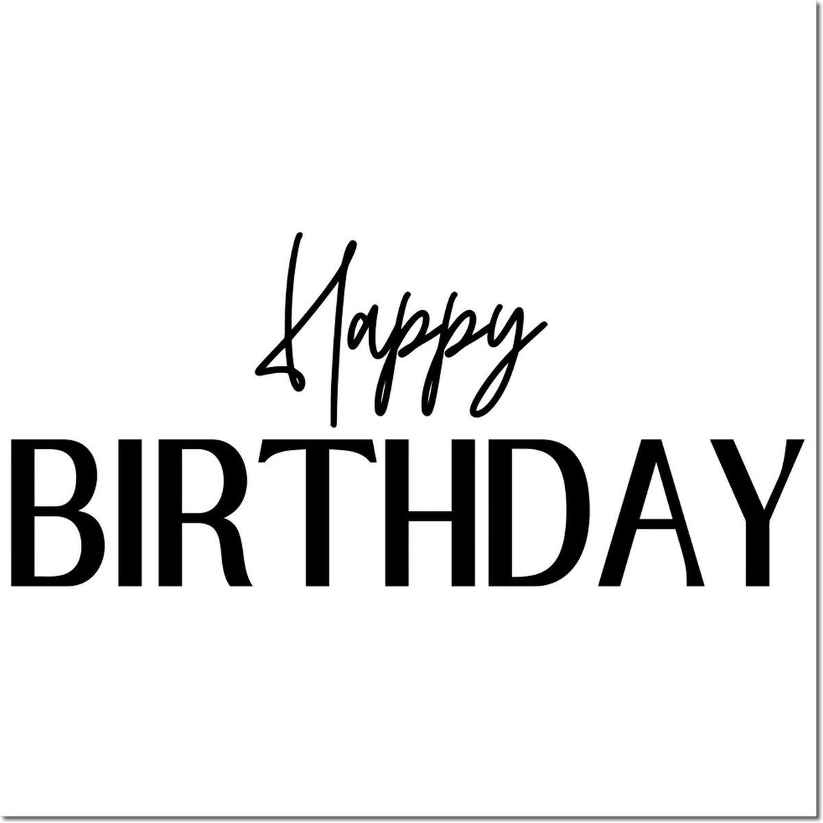 Black Happy Birthday stamp seal design on white background, with handwritten Happy above bold BIRTHDAY.