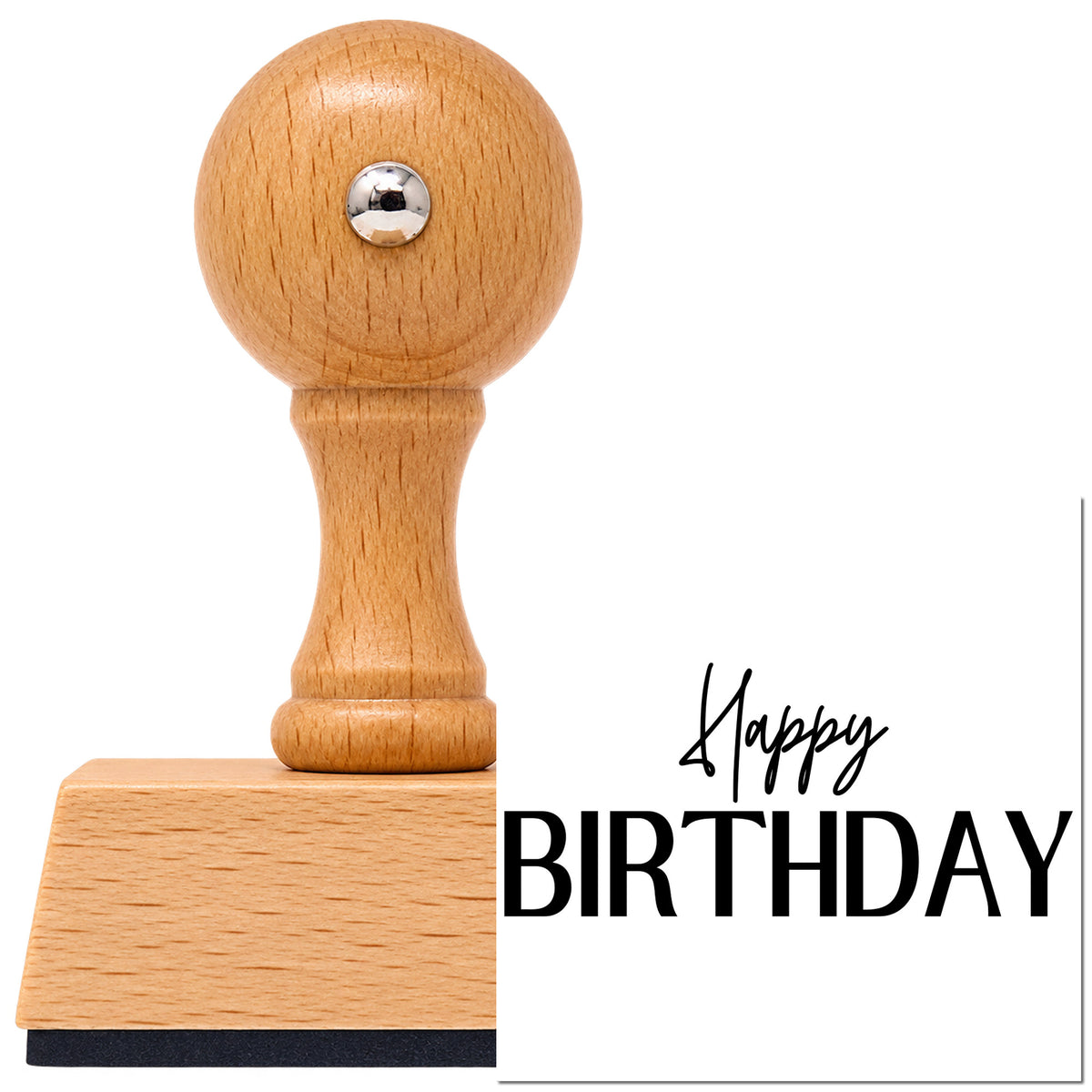 Vintage Pro beech wood stamp with a round knob handle, shown with its black Happy Birthday Narrow Capitals Script Lettering imprint on white.