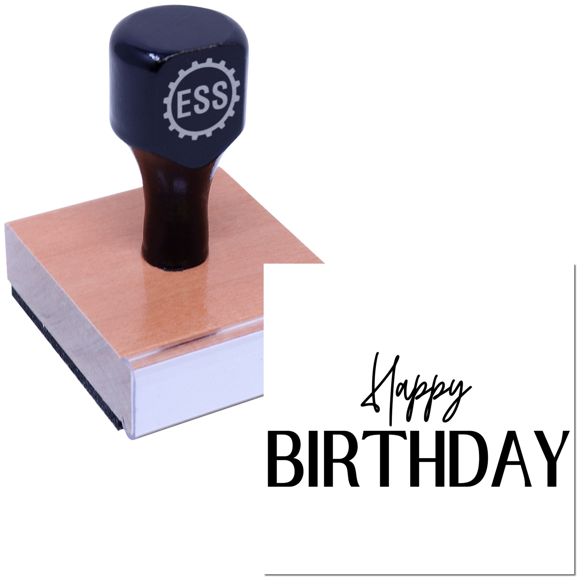 Black rubber stamp and wooden seal with ESS logo, printing Happy Birthday in black on white paper.
