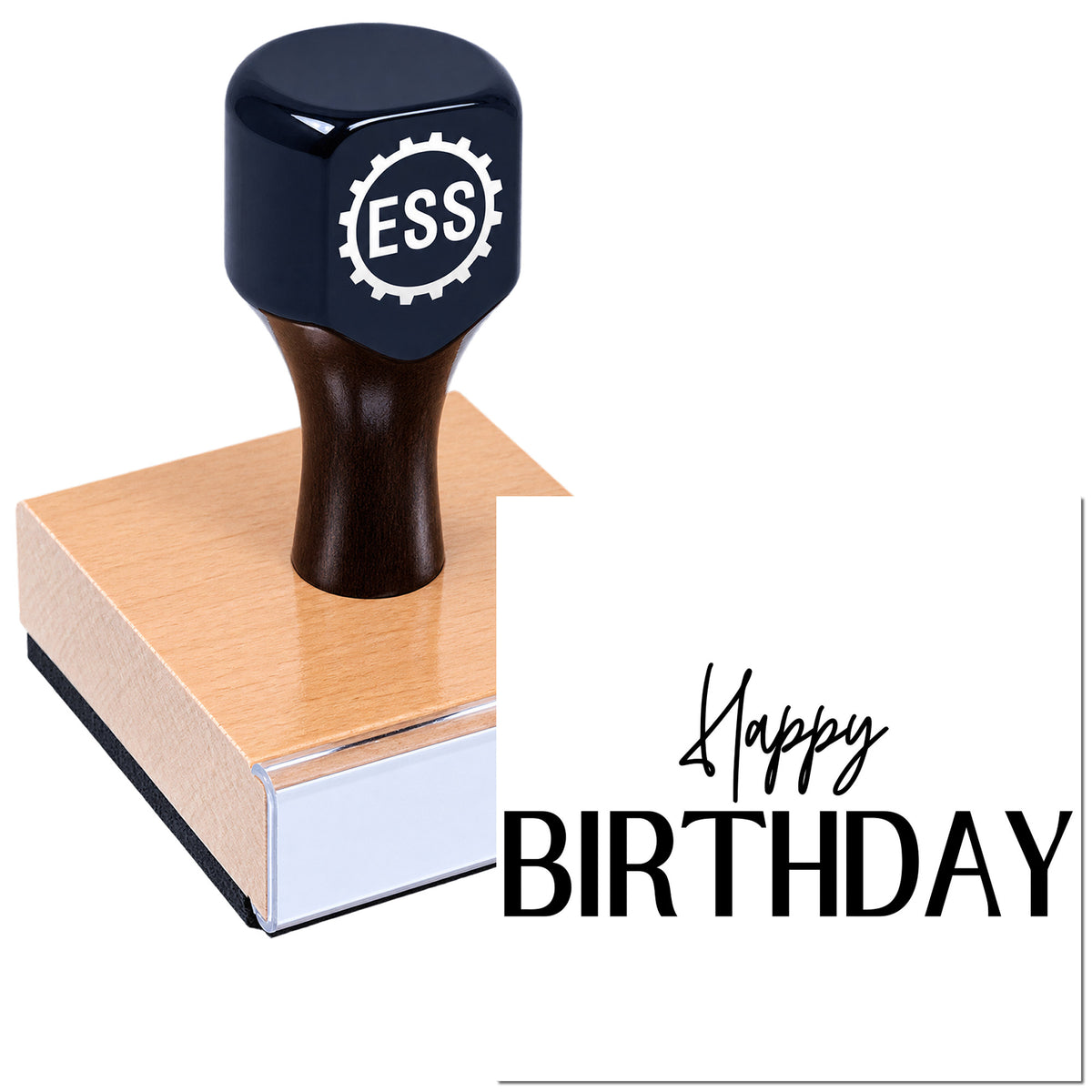 Black rubber stamp and wooden seal with ESS logo, printing "Happy Birthday" in black on white paper.