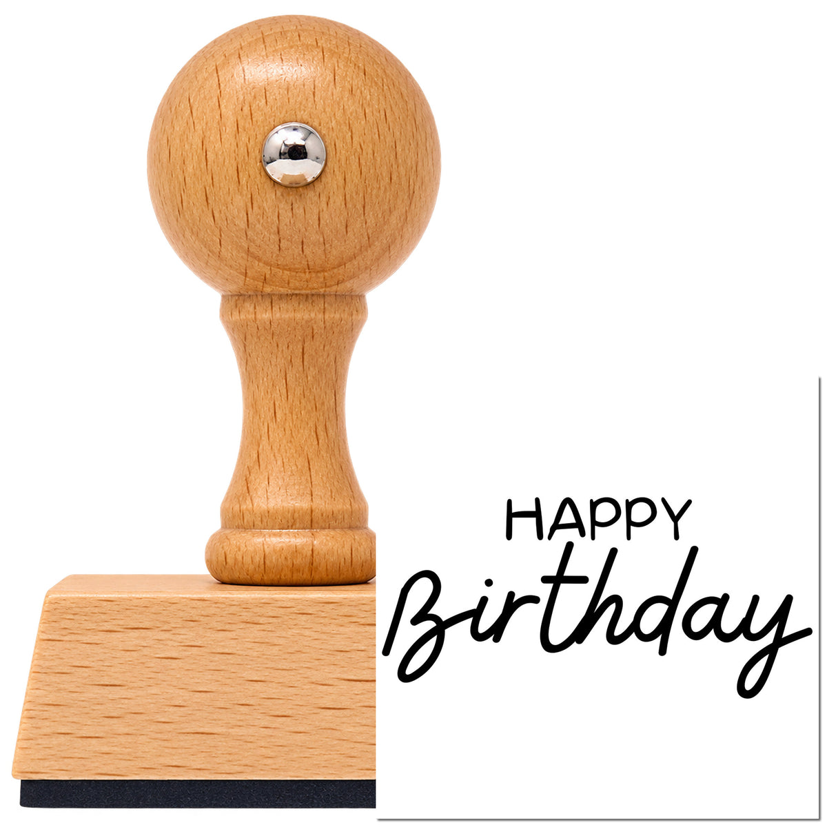 Vintage Pro beech wood stamp with a round knob handle, shown with its black Happy Birthday Casual Script imprint on white.