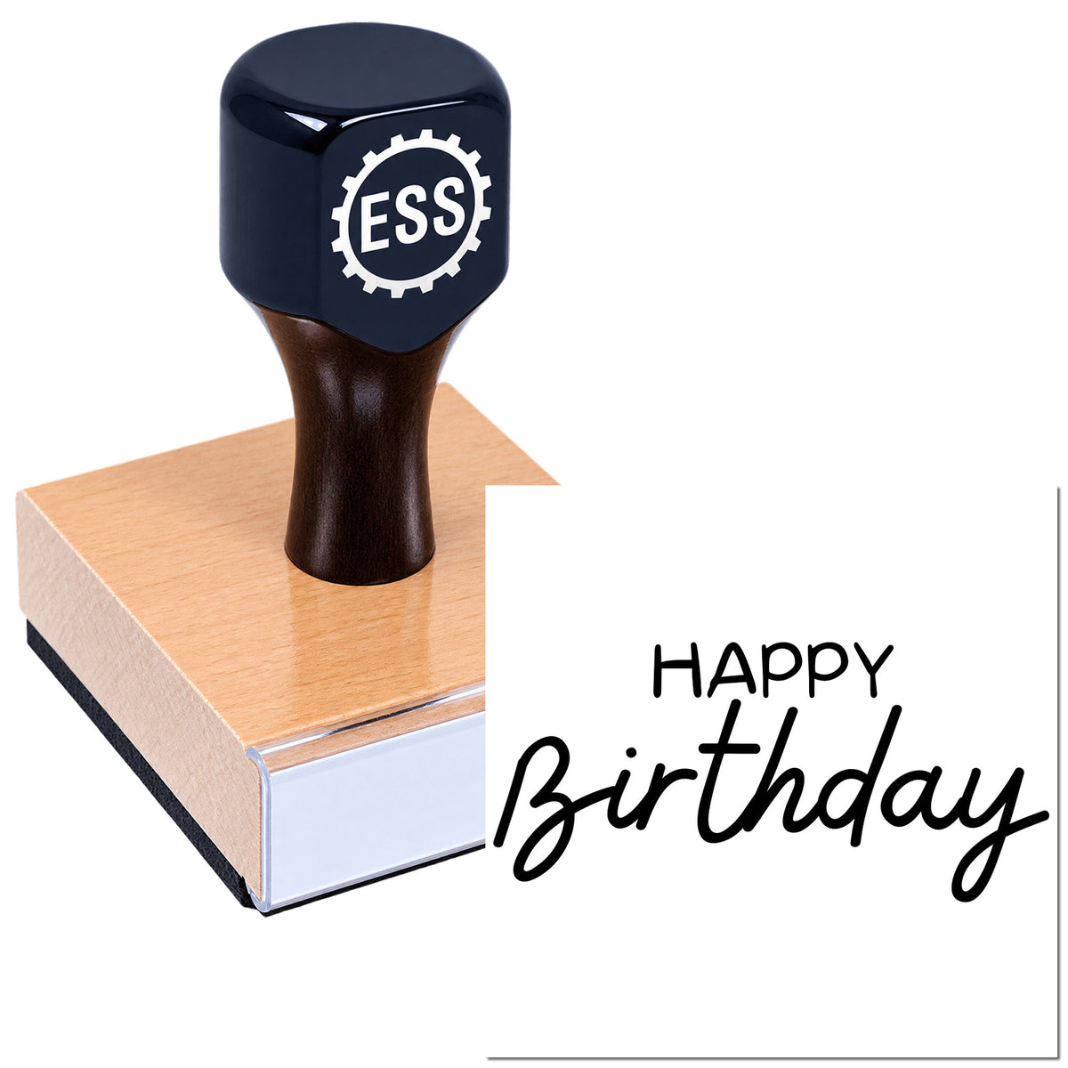 Black ESS self-inking stamp on copper seal block, with "Happy Birthday" script on white card.
