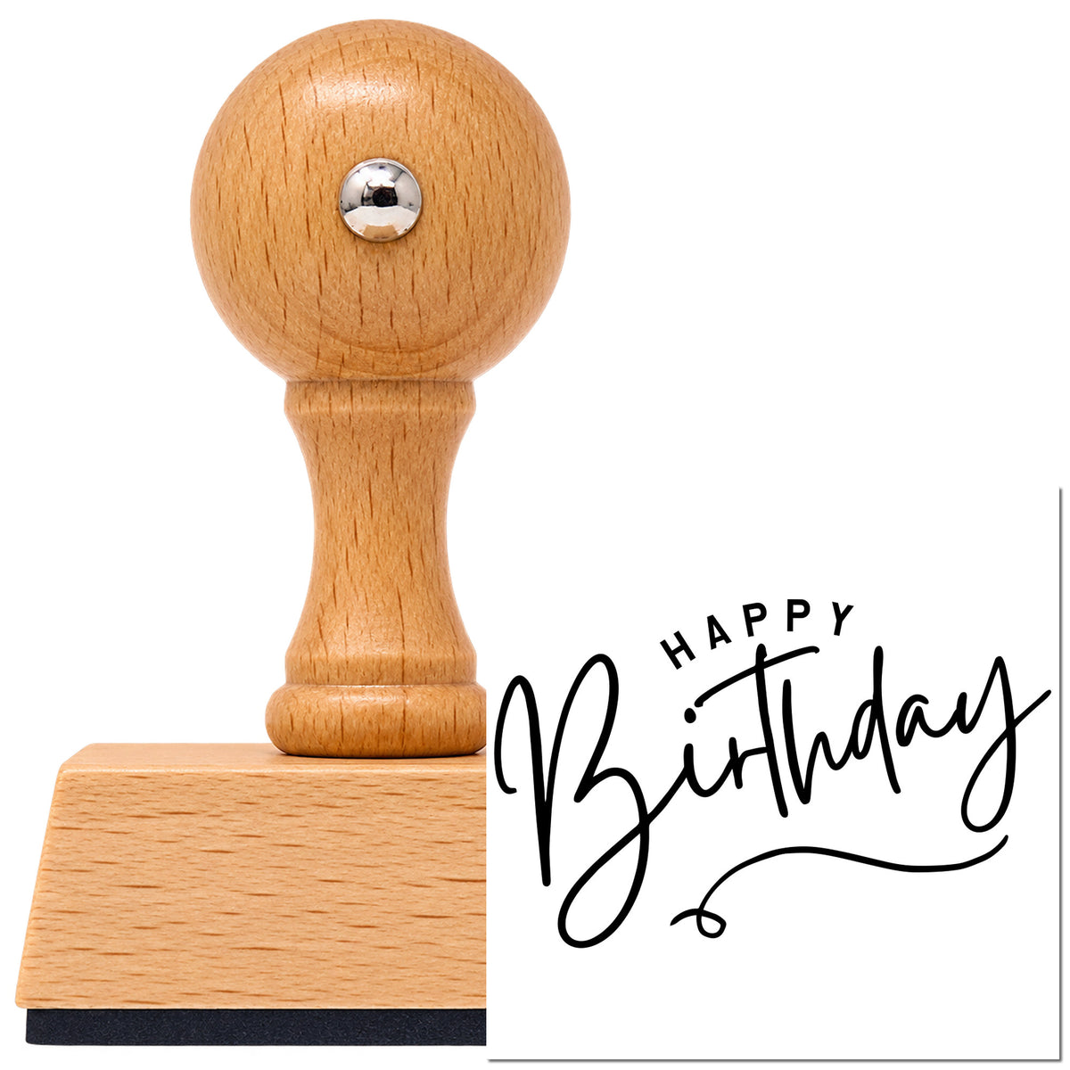 Vintage Pro beech wood stamp with a round knob handle, shown with its black Happy Birthday Loop Underline Arch imprint on white.
