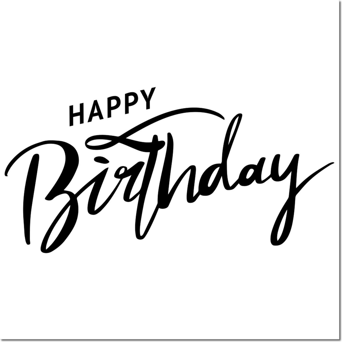 Black Happy Birthday stamp seal in bold cursive black lettering with flowing flourish on a white background.