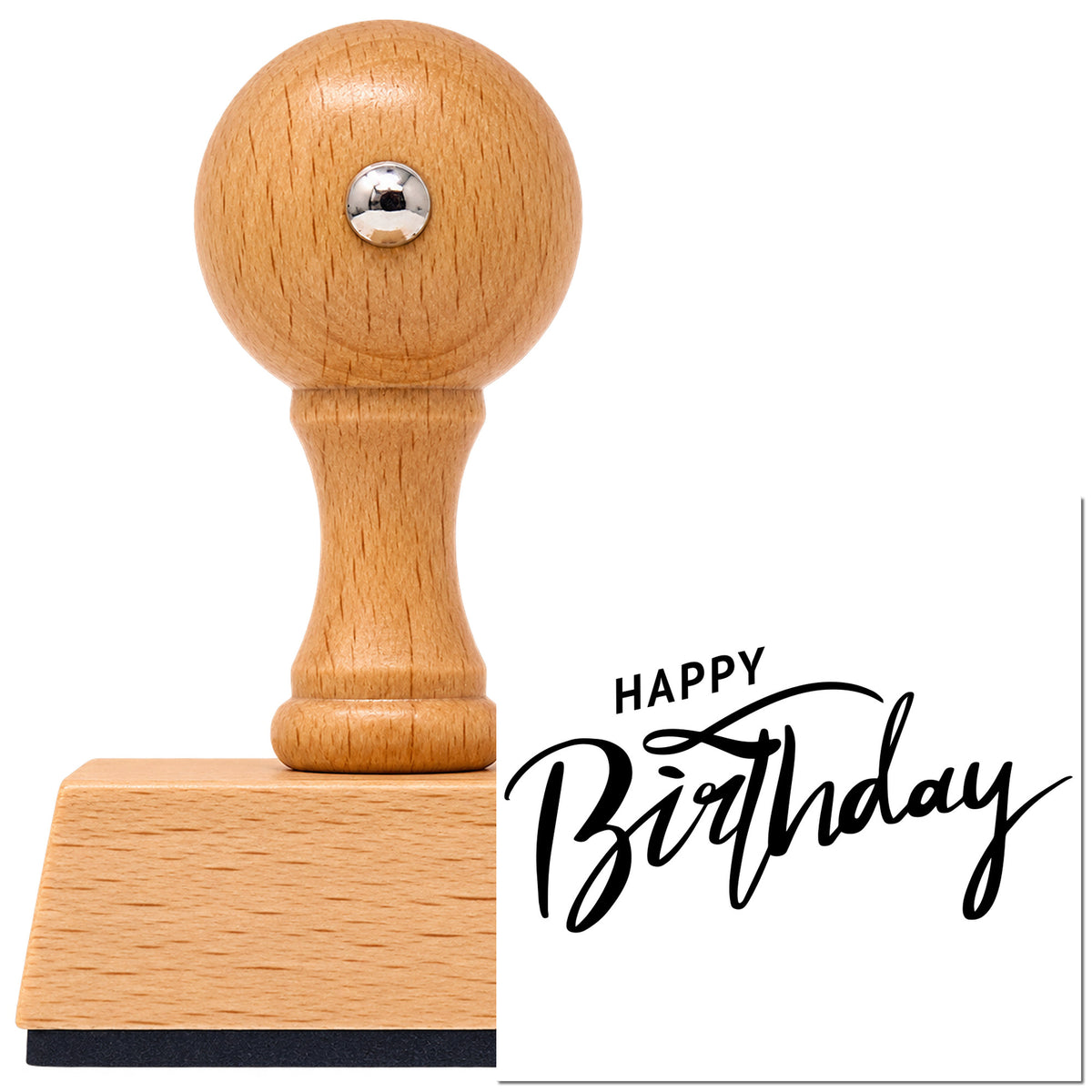 Vintage Pro beech wood stamp with a round knob handle, shown with its black Happy Birthday Brush Flourish imprint on white.