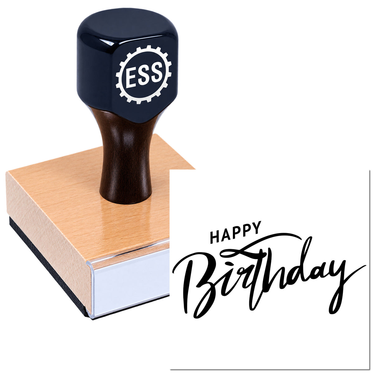 Navy ESS stamp and seal block with black "Happy Birthday" script on white paper.