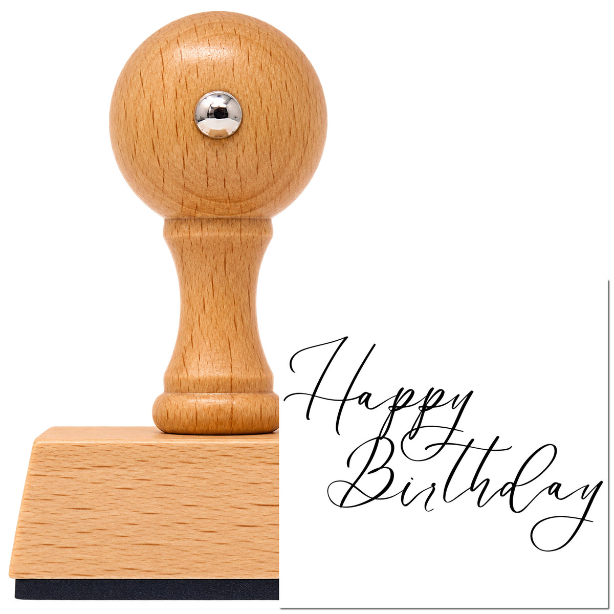 Vintage Pro beech wood stamp with a round knob handle, shown with its black Elegant Happy Birthday Calligraphy imprint on white.