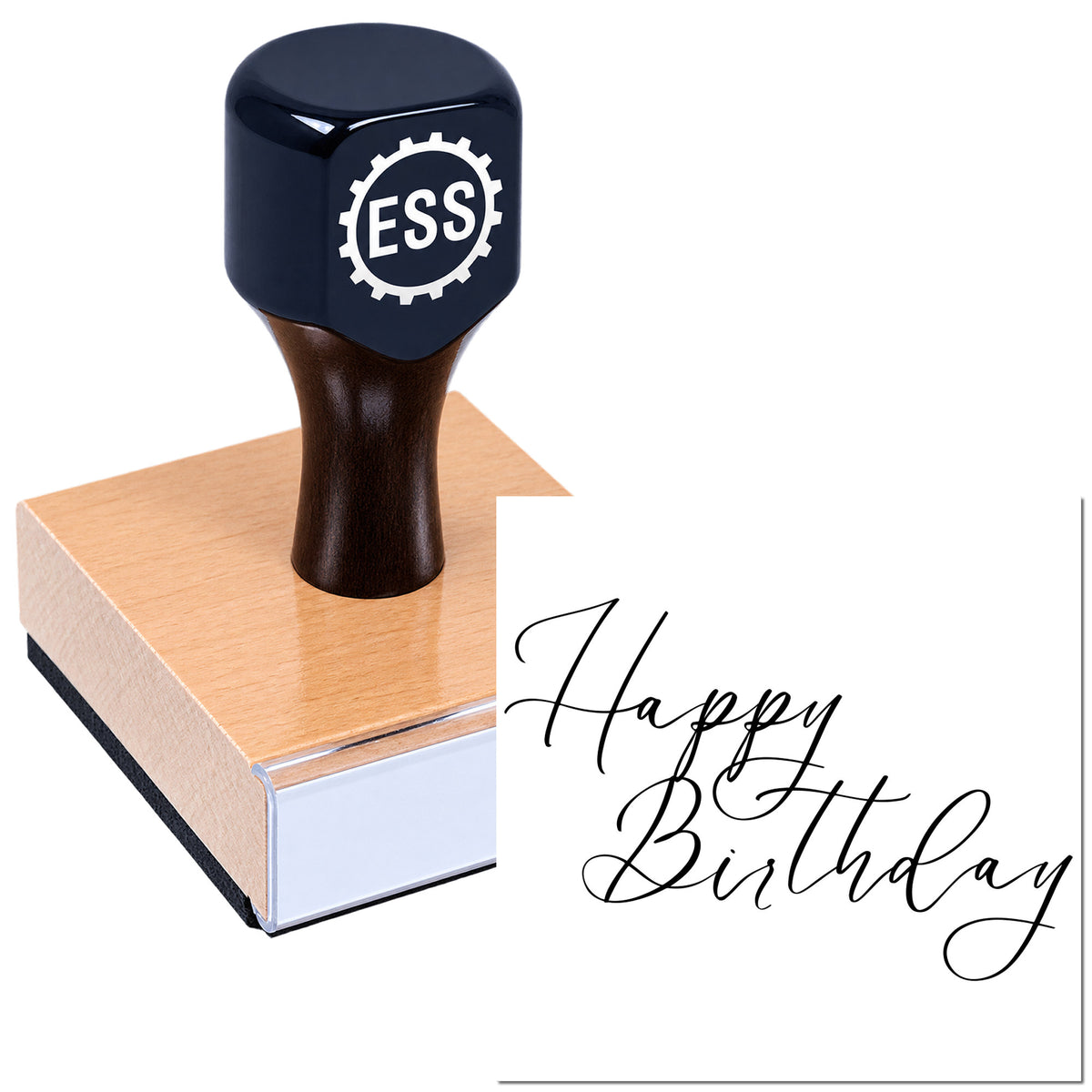 Black ESS rubber stamp on pink wooden base with "Happy Birthday" in elegant black script on white seal card.