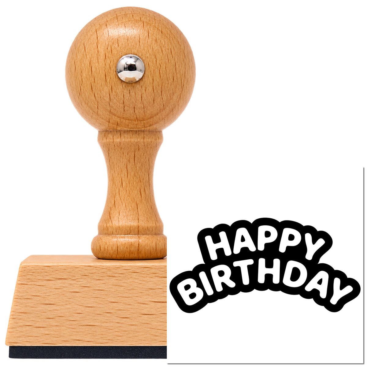 Vintage Pro beech wood stamp with a round knob handle, shown with its black Happy Birthday Bubble Outline imprint on white.
