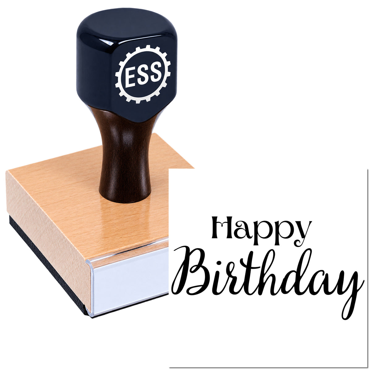 Dark navy ESS rubber stamp seal on copper base, stamped with "Happy Birthday" in black script.
