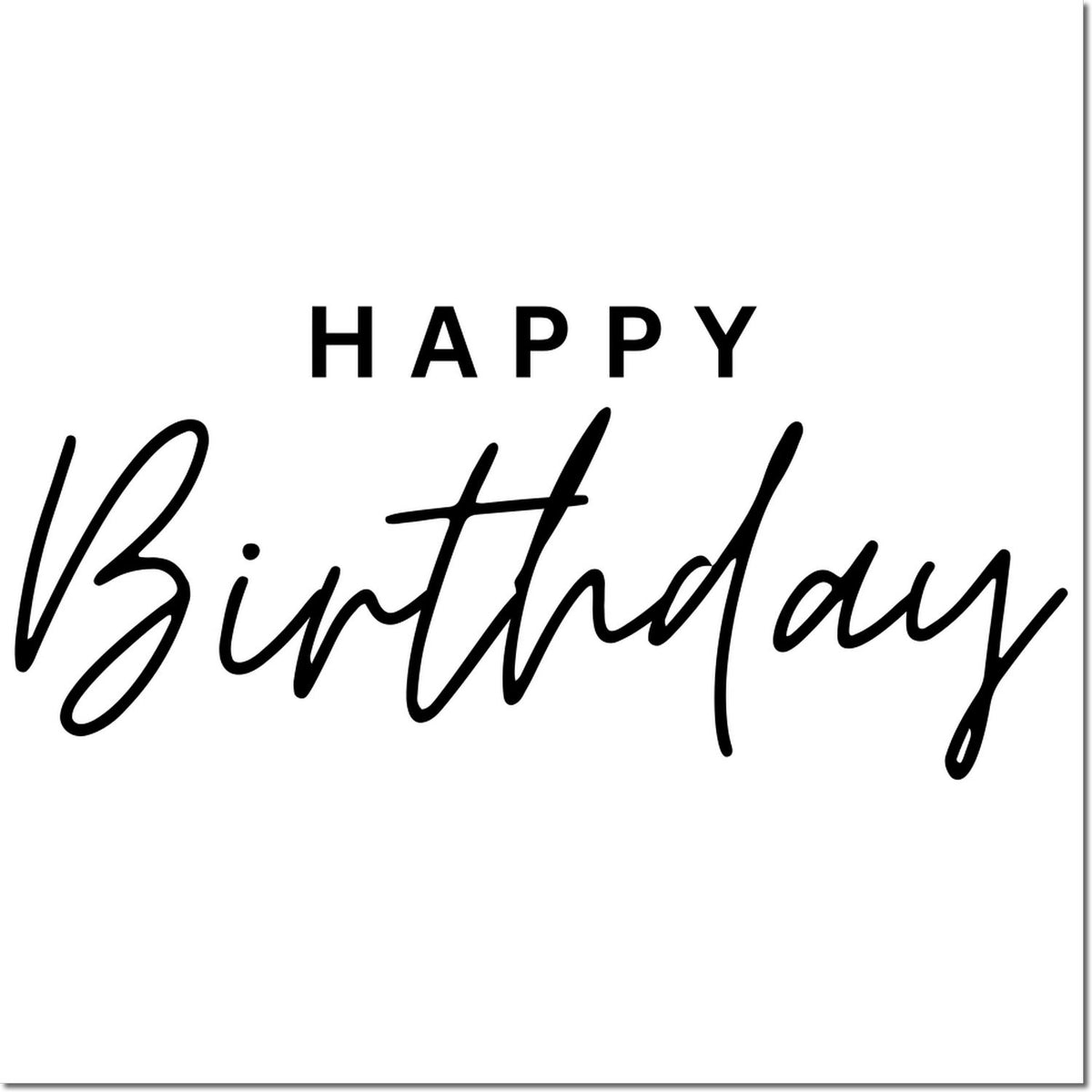 Black Happy Birthday stamp design with bold uppercase HAPPY and flowing script on white background, ideal for stamp and seal products.