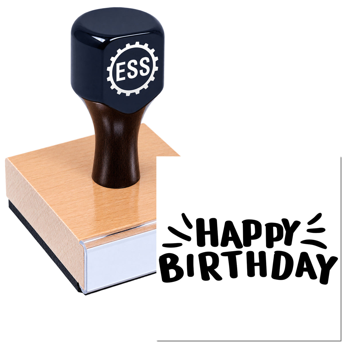Black ESS rubber stamp on a pink wooden block, with a bold black "Happy Birthday" seal impression.