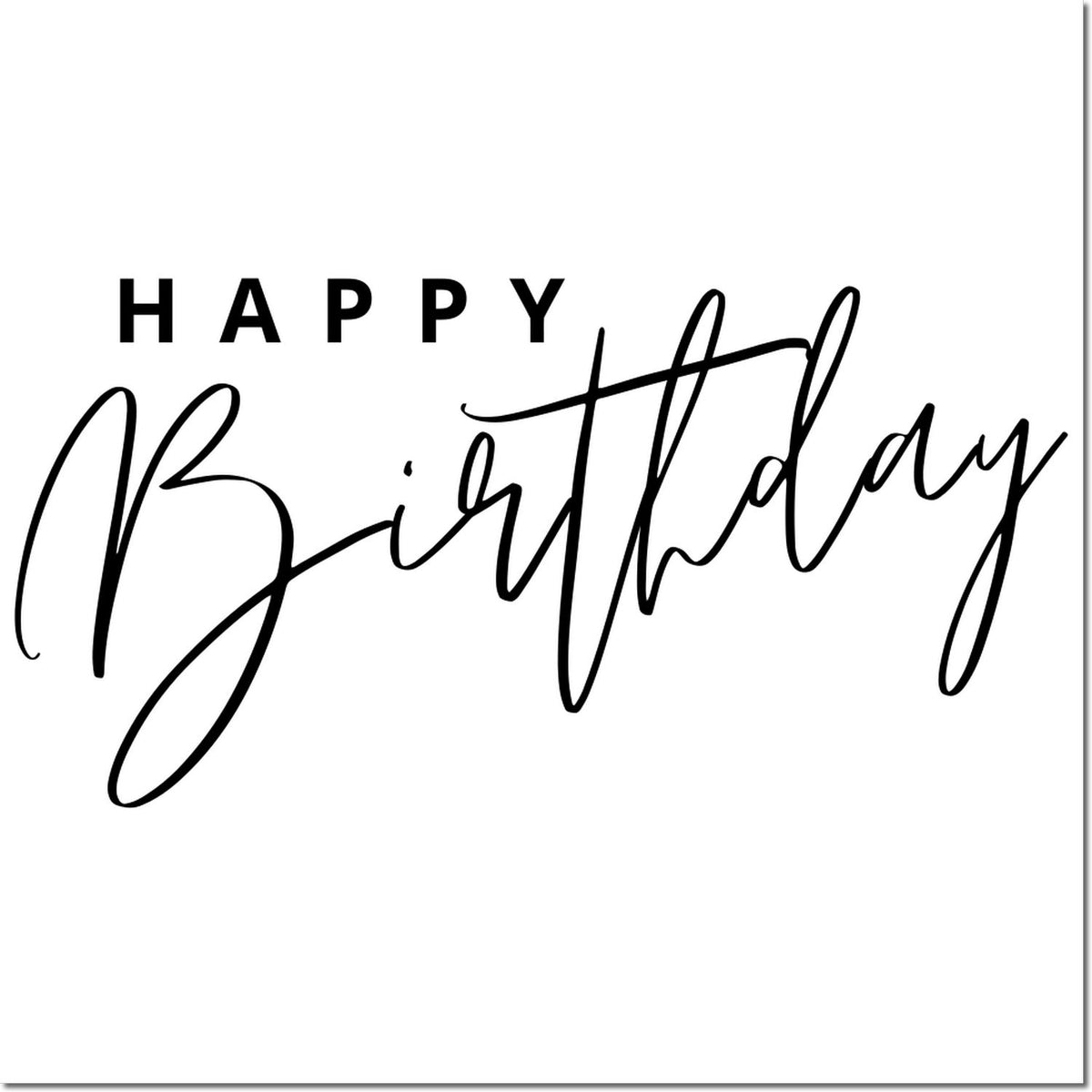 Black Happy Birthday stamp/seal design with bold HAPPY and flowing script Birthday on a white background.
