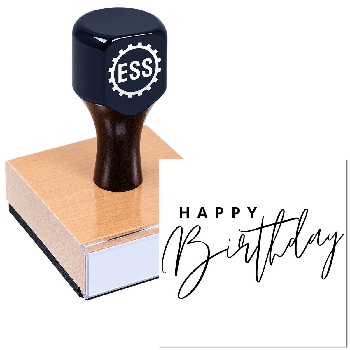 Navy ESS stamp and seal with copper base, featuring a Happy Birthday custom imprint design.