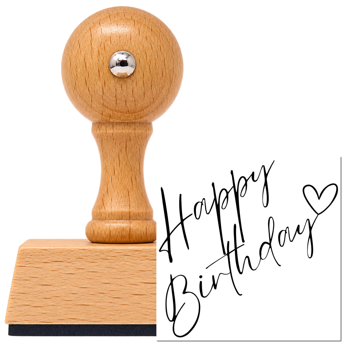 Vintage Pro beech wood stamp with a round knob handle, shown with its black Happy Birthday Diagonal Heart Script Lettering imprint on white.