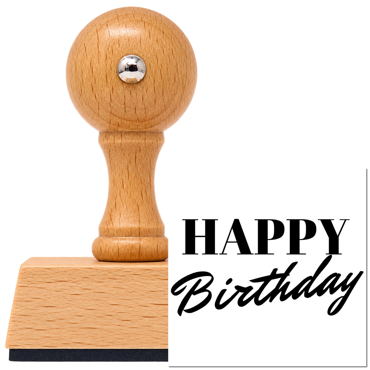 Vintage Pro beech wood stamp with a round knob handle, shown with its black Happy Birthday Serif Brush imprint on white.