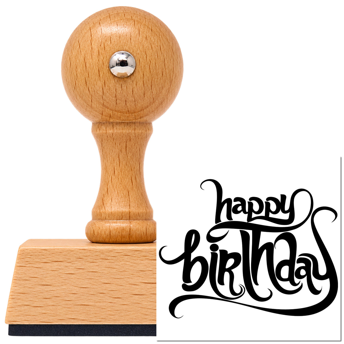 Vintage Pro beech wood stamp with a round knob handle, shown with its black Ornate Happy Birthday Flourishes Script Lettering imprint on white.