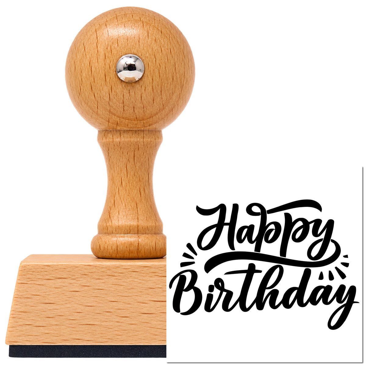 Vintage Pro beech wood stamp with a round knob handle, shown with its black Happy Birthday Retro Flourishes imprint on white.