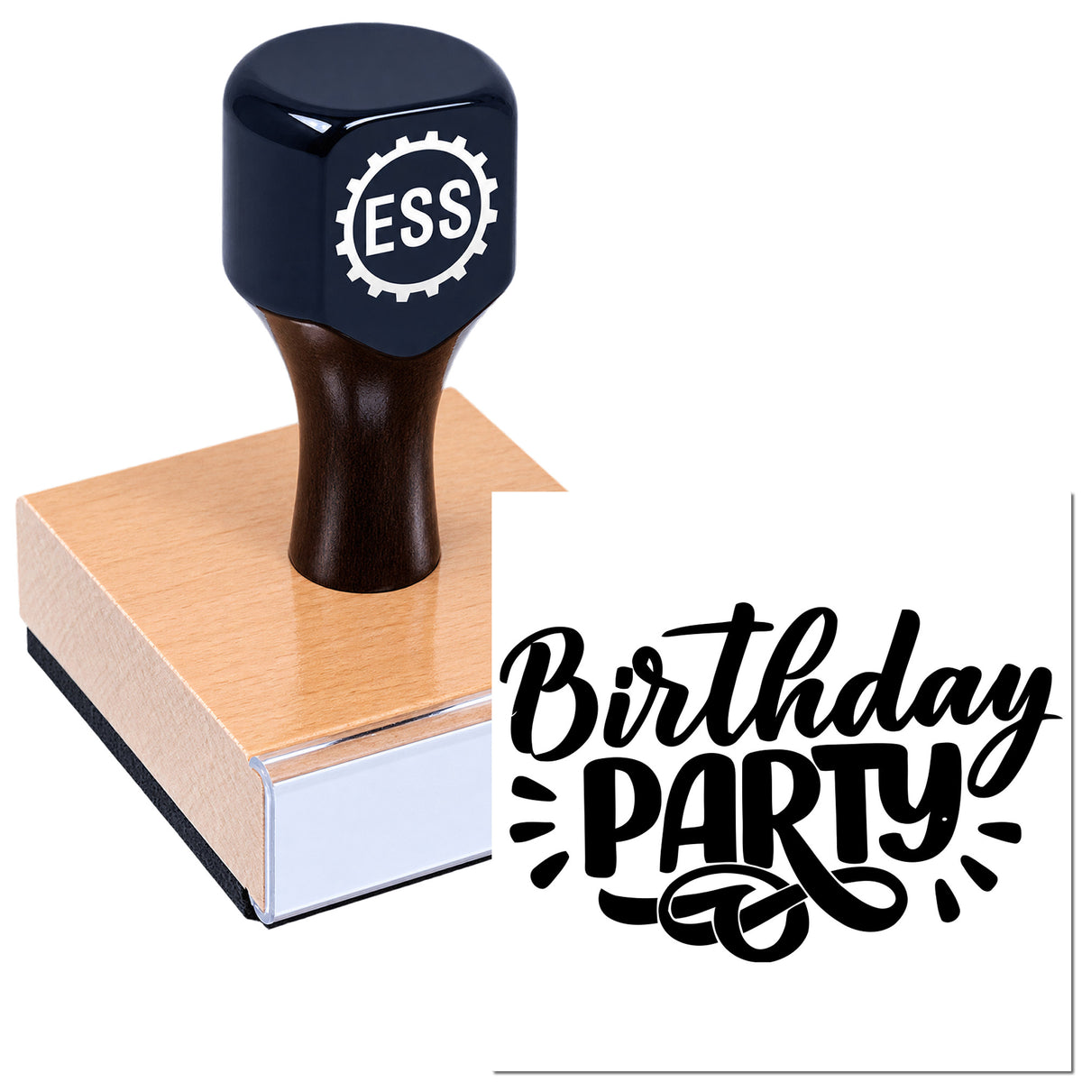 Black ESS rubber stamp on copper block with bold birthday party seal design in black on white