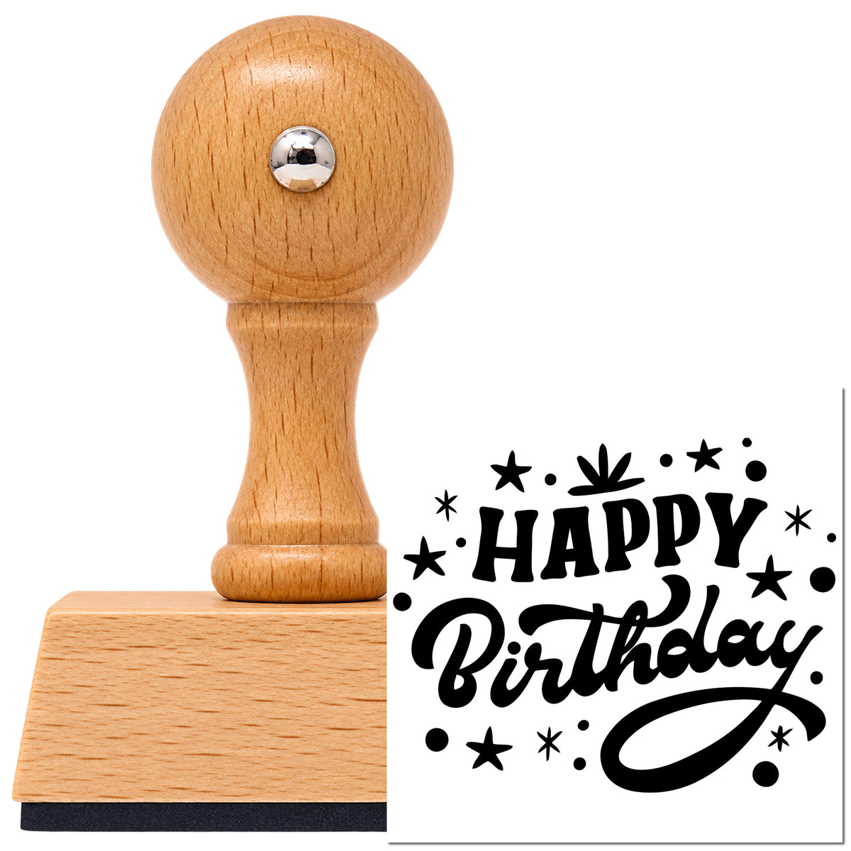 Vintage Pro beech wood stamp with a round knob handle, shown with its black Happy Birthday Star Confetti With Sparkles imprint on white.