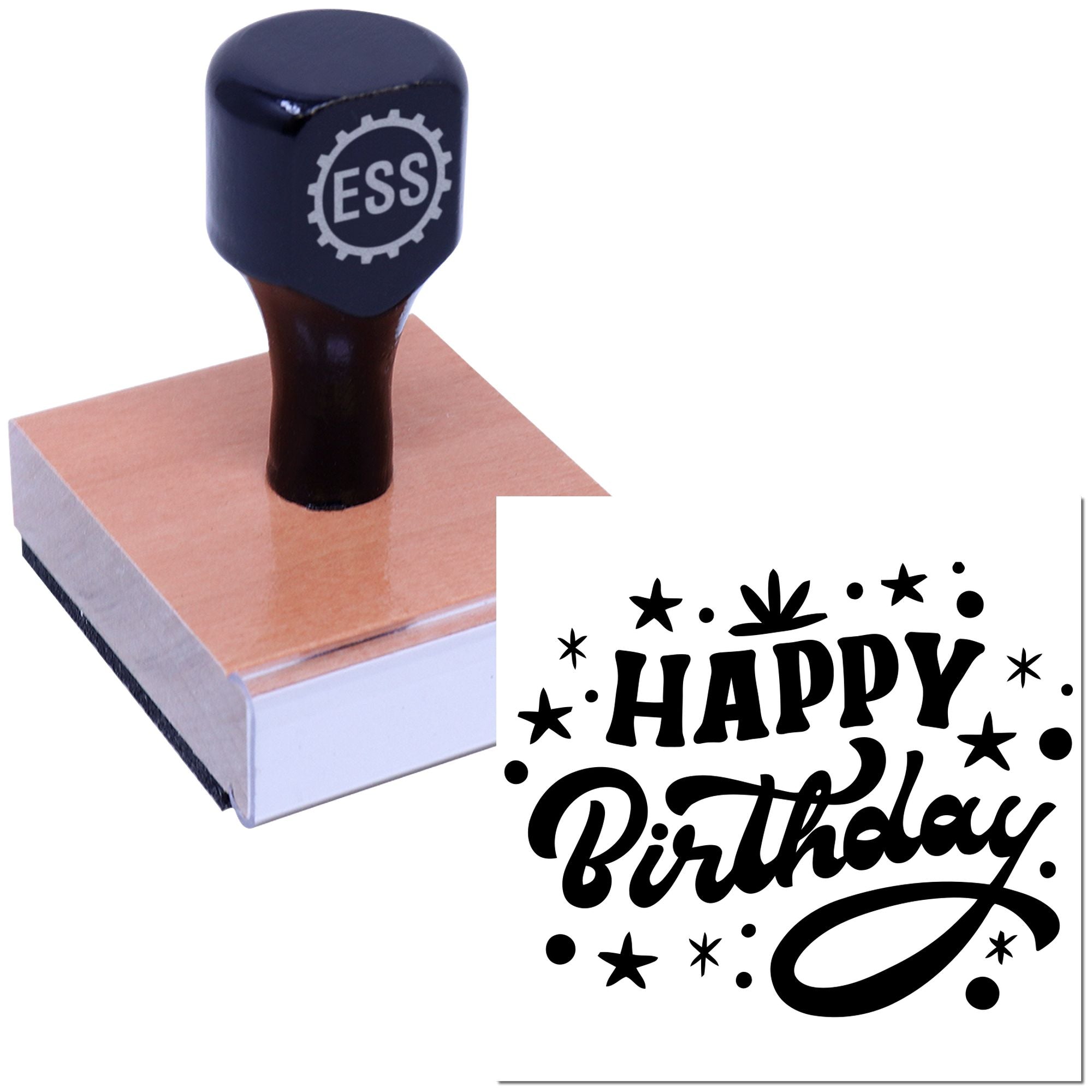 Dark navy ESS rubber stamp on a pink seal block, with black Happy Birthday impression on white.