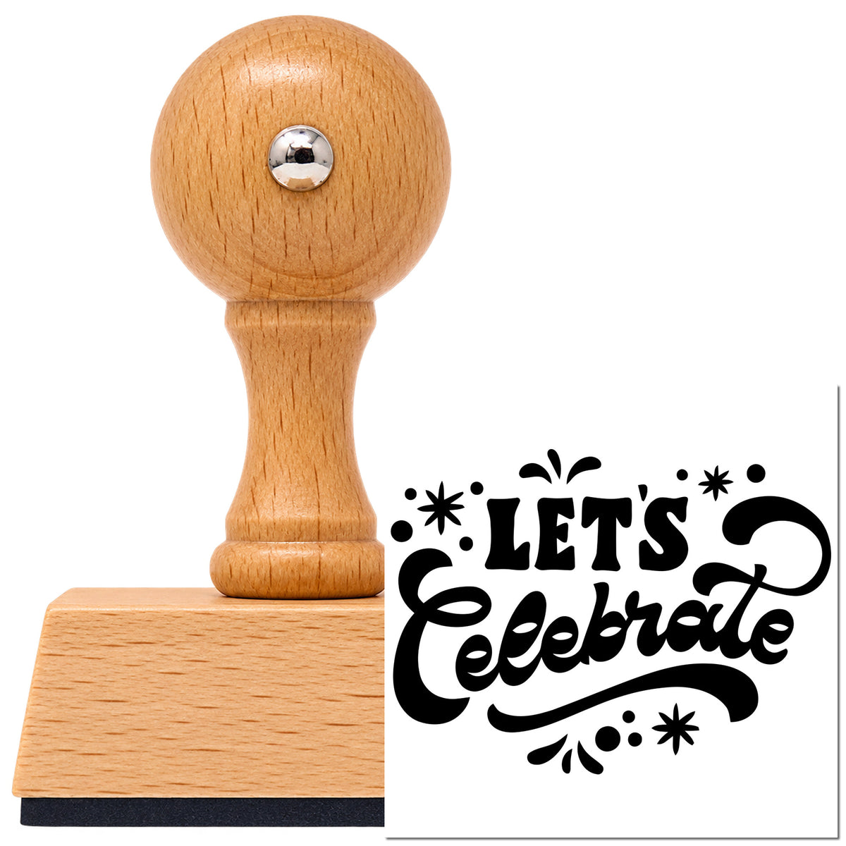 Vintage Pro beech wood stamp with a round knob handle, shown with its black Bold Let's Celebrate Decorative Lettering imprint on white.