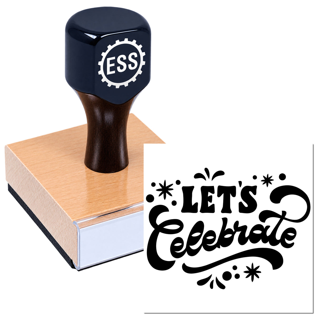 Dark navy ESS self-inking stamp on wooden block with black "Let's Celebrate" decorative seal design.