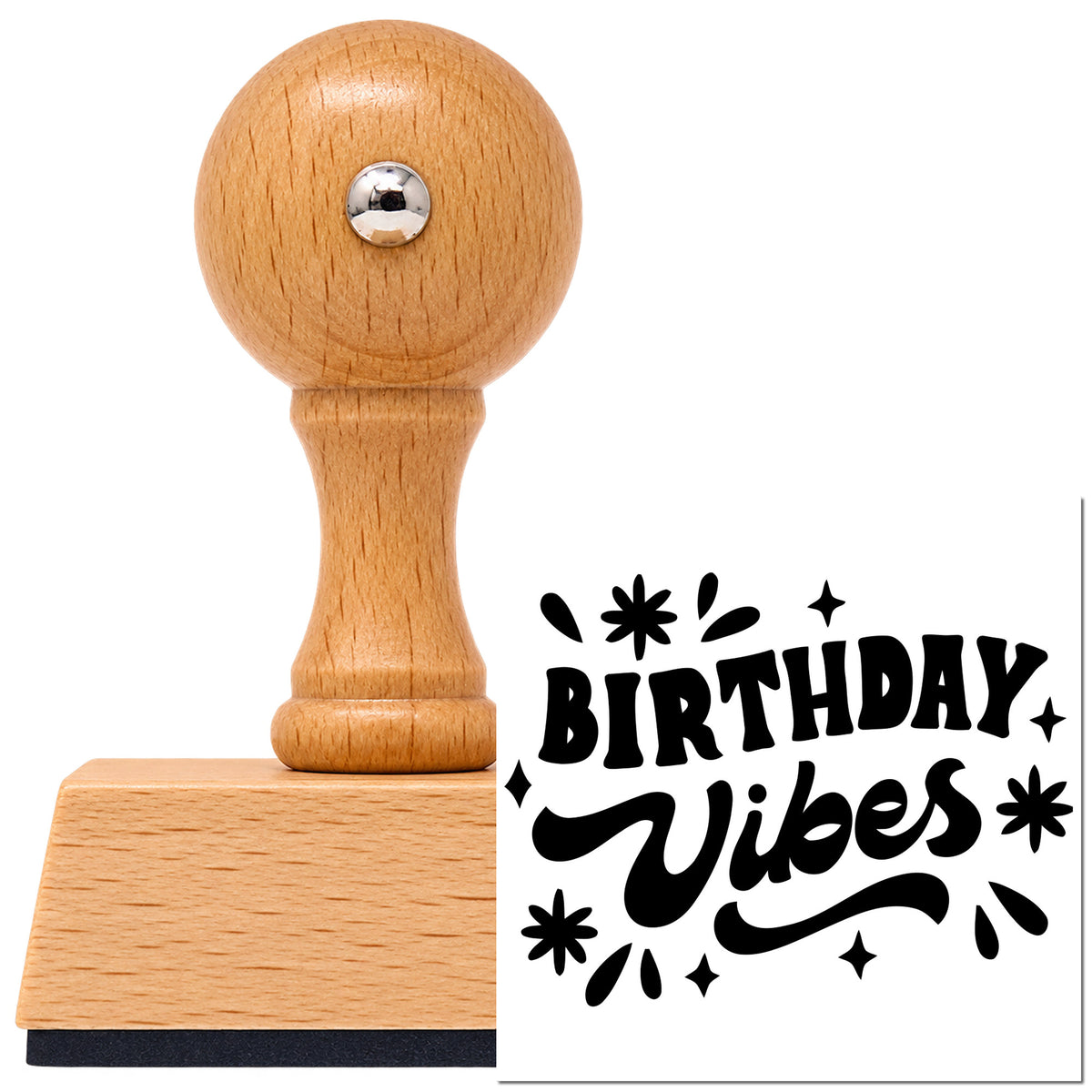 Vintage Pro beech wood stamp with a round knob handle, shown with its black Birthday Vibes Starburst Script imprint on white.