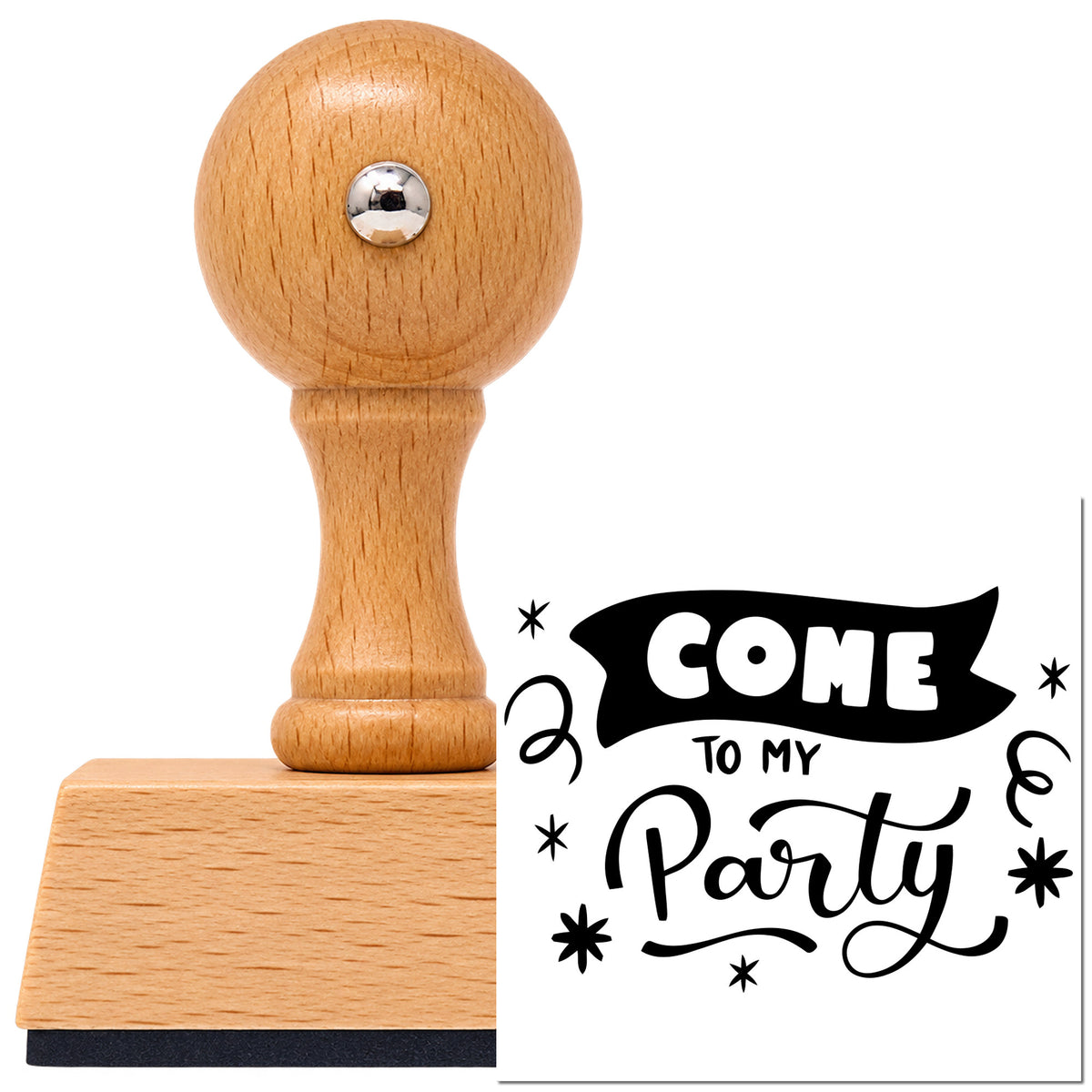 Vintage Pro beech wood stamp with a round knob handle, shown with its black Come To My Party With Stars imprint on white.