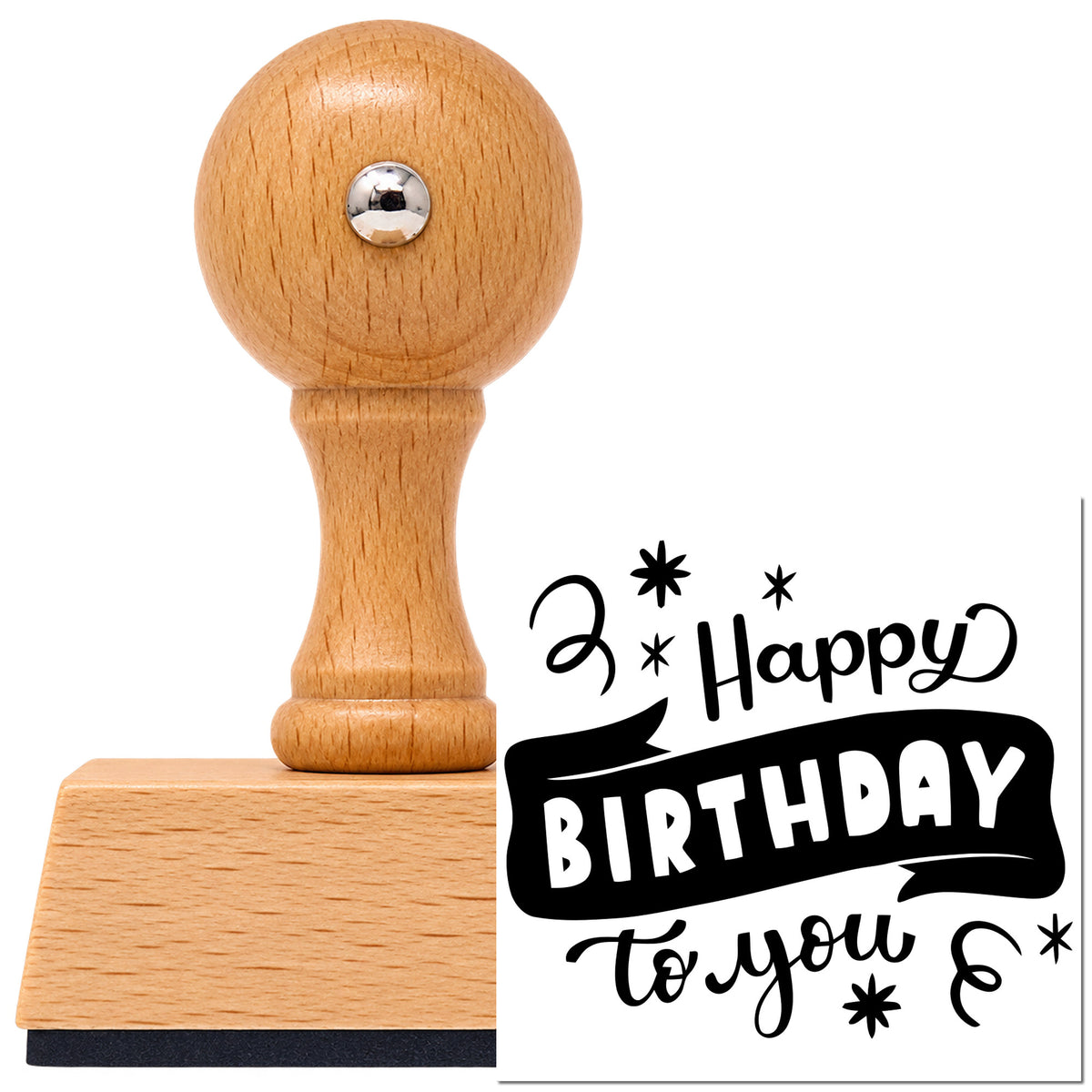 Vintage Pro beech wood stamp with a round knob handle, shown with its black Happy Birthday To You With Stars imprint on white.
