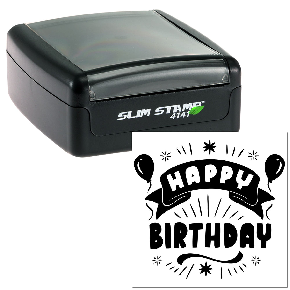 Black Slim Stamp 4141 self-inking stamp with translucent gray cover and Happy Birthday seal design.