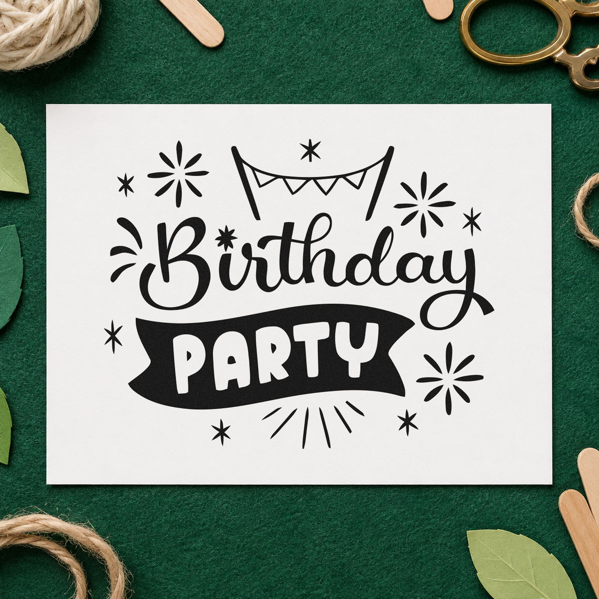 Birthday Party Bunting Banner rubber stamp printed in black ink, ready for helper rota sheet and similar paper crafts.