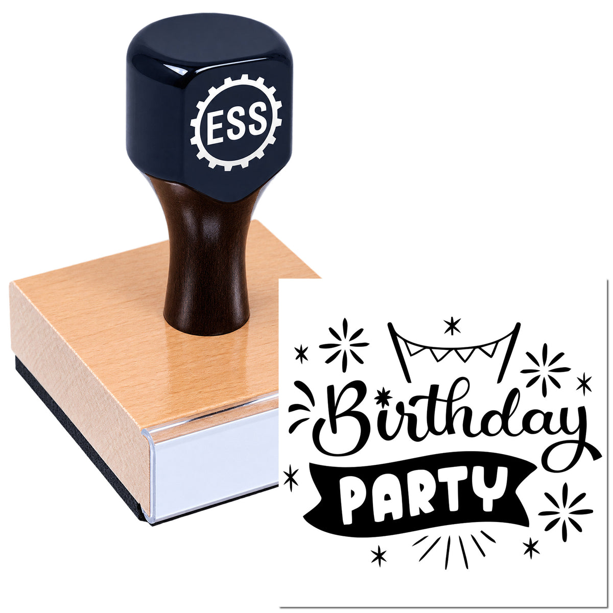 Dark blue ESS rubber stamp on wooden block with black-and-white birthday party seal design preview.