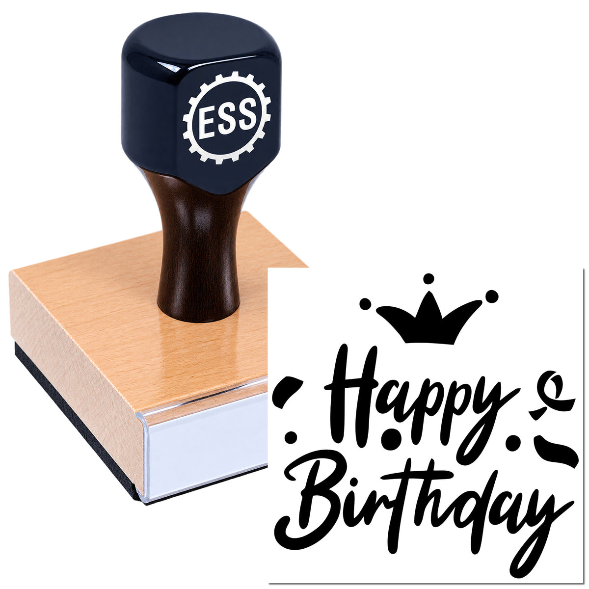 Black ESS rubber stamp pressing a wooden block, with Happy Birthday seal design in bold black script.