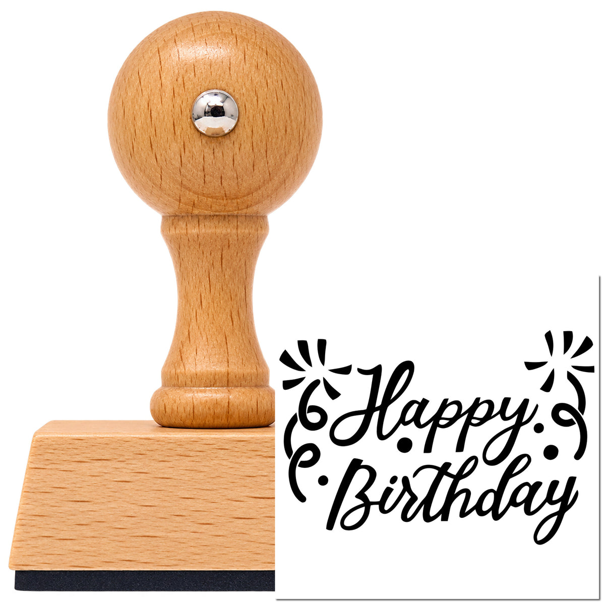 Vintage Pro beech wood stamp with a round knob handle, shown with its black Birthday Script Corner Flourishes imprint on white.