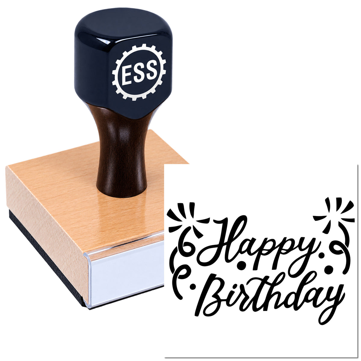 Black ESS rubber stamp on a copper-toned block beside a black "Happy Birthday" decorative seal design on white background.