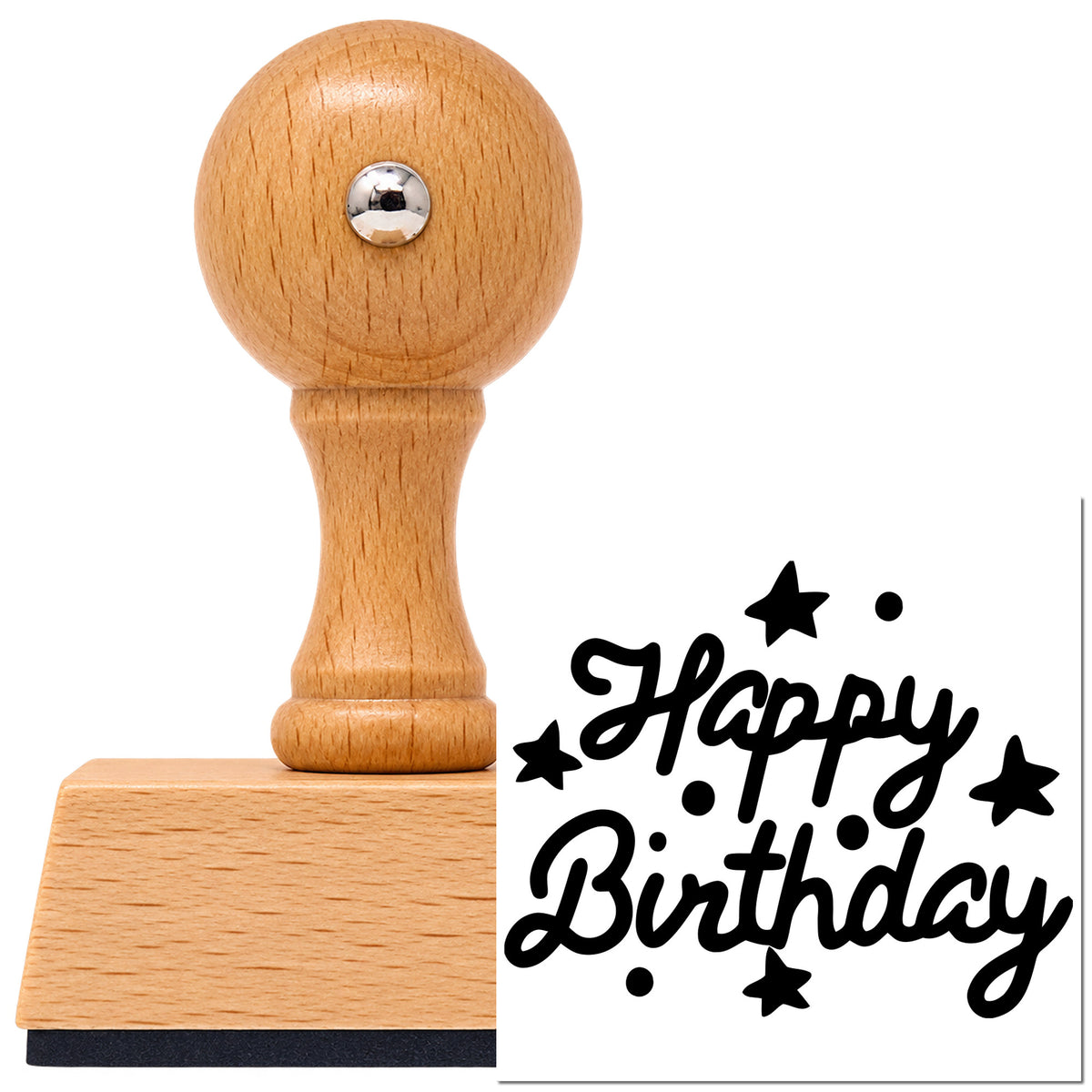 Vintage Pro beech wood stamp with a round knob handle, shown with its black Happy Birthday Stars Dots Script Lettering imprint on white.