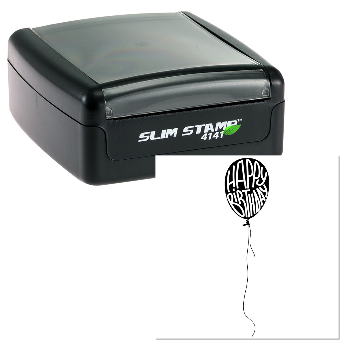 Black Slim Stamp 4141 self-inking stamp and Happy Birthday balloon seal with string.