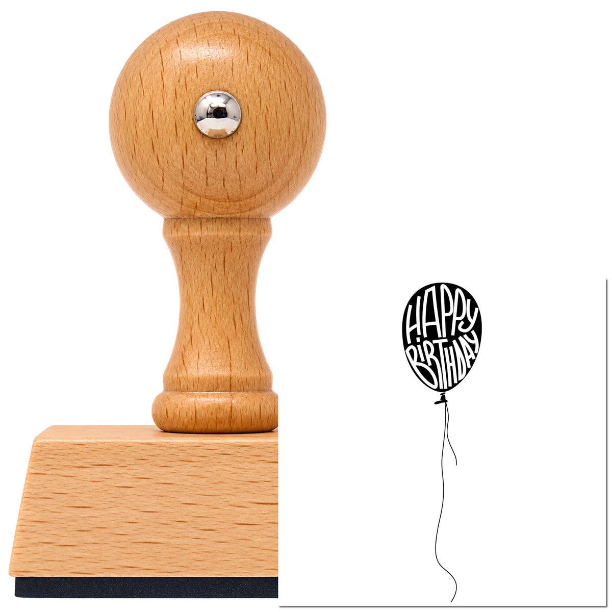 Vintage Pro beech wood stamp with a round knob handle, shown with its black Happy Birthday Single Balloon Lettering imprint on white.