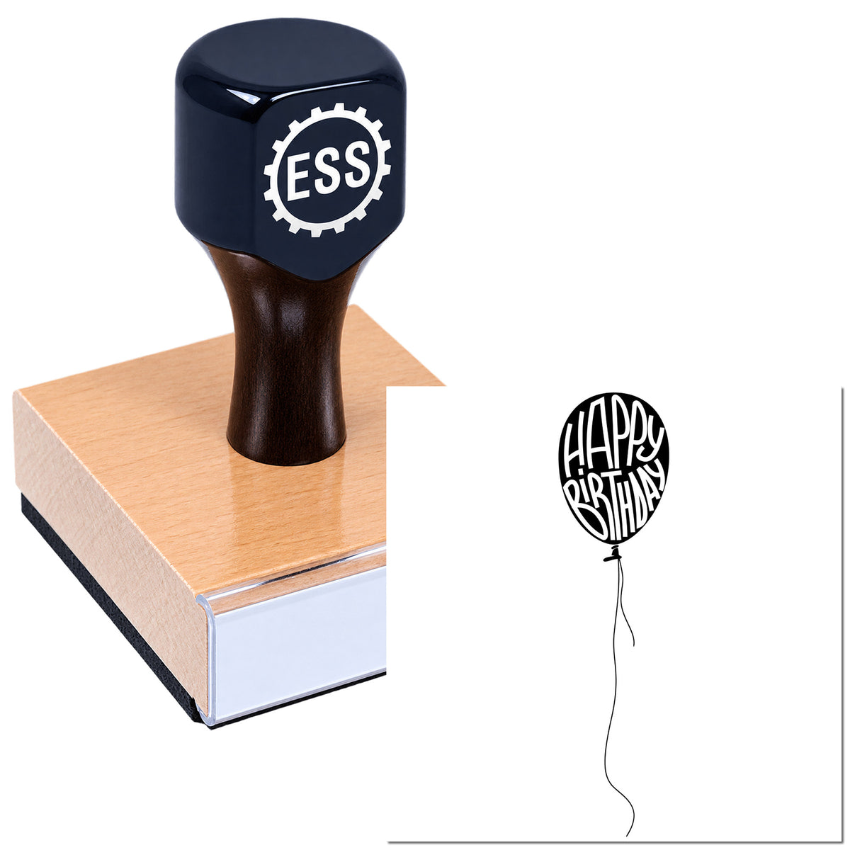 Navy ESS stamp handle on copper block with black Happy Birthday balloon seal design.