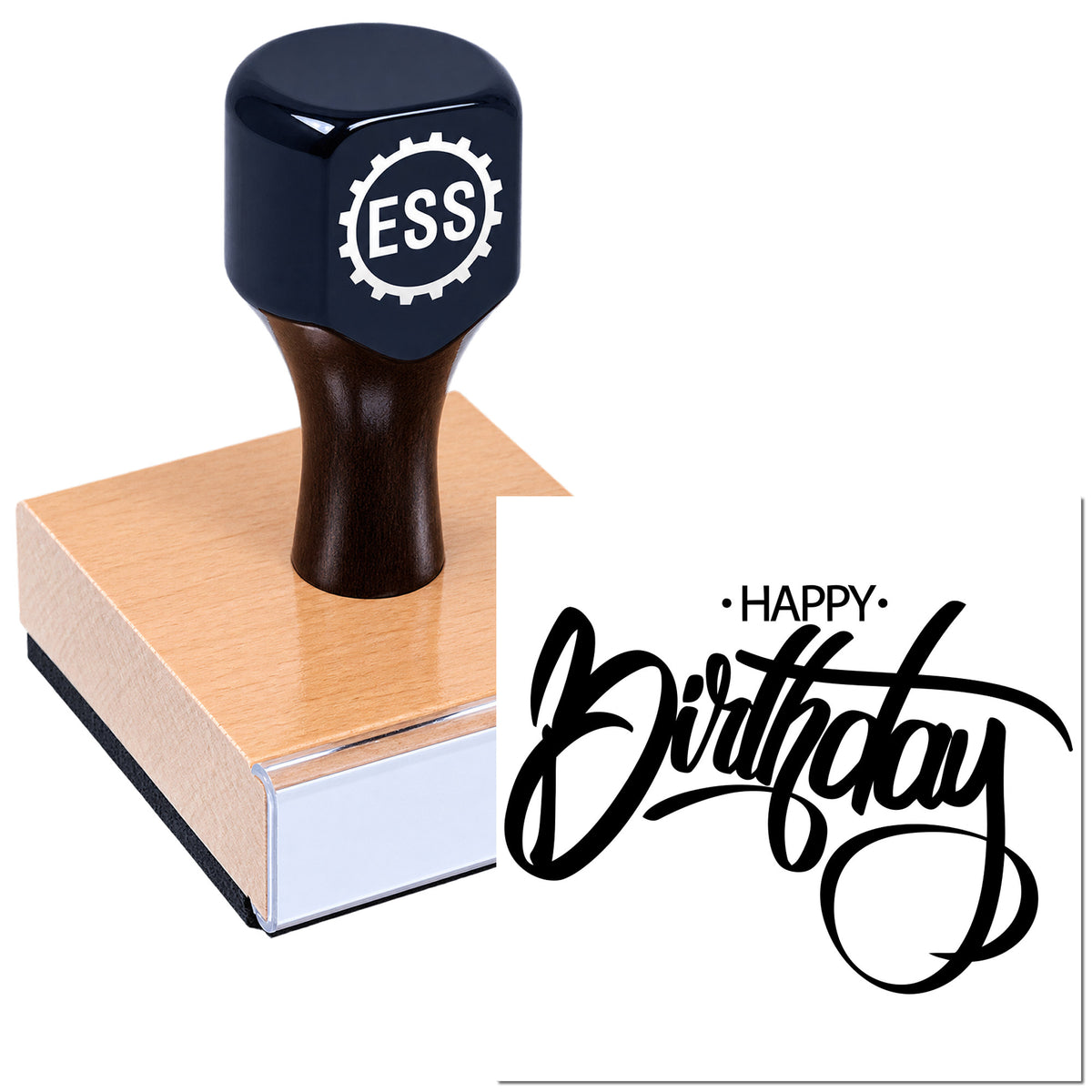 Dark navy ESS rubber stamp on a pink wooden base, beside a black "Happy Birthday" seal impression.