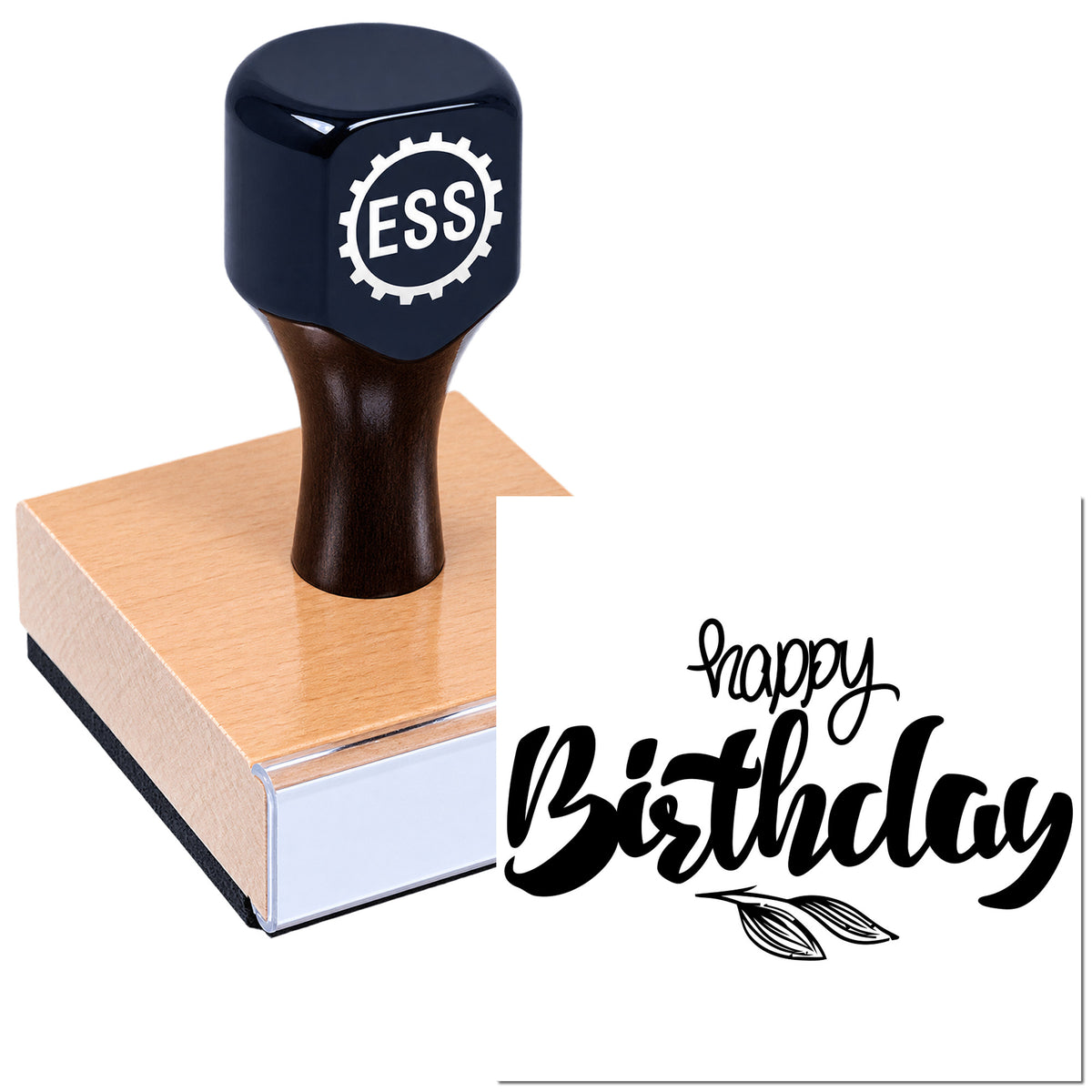 Black ESSI rubber stamp on wooden block with "happy Birthday" seal imprint in black script.