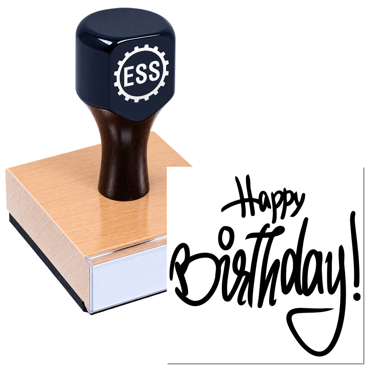 Custom ESS stamp and seal with dark blue handle on wood base, printing black "Happy Birthday!" script.