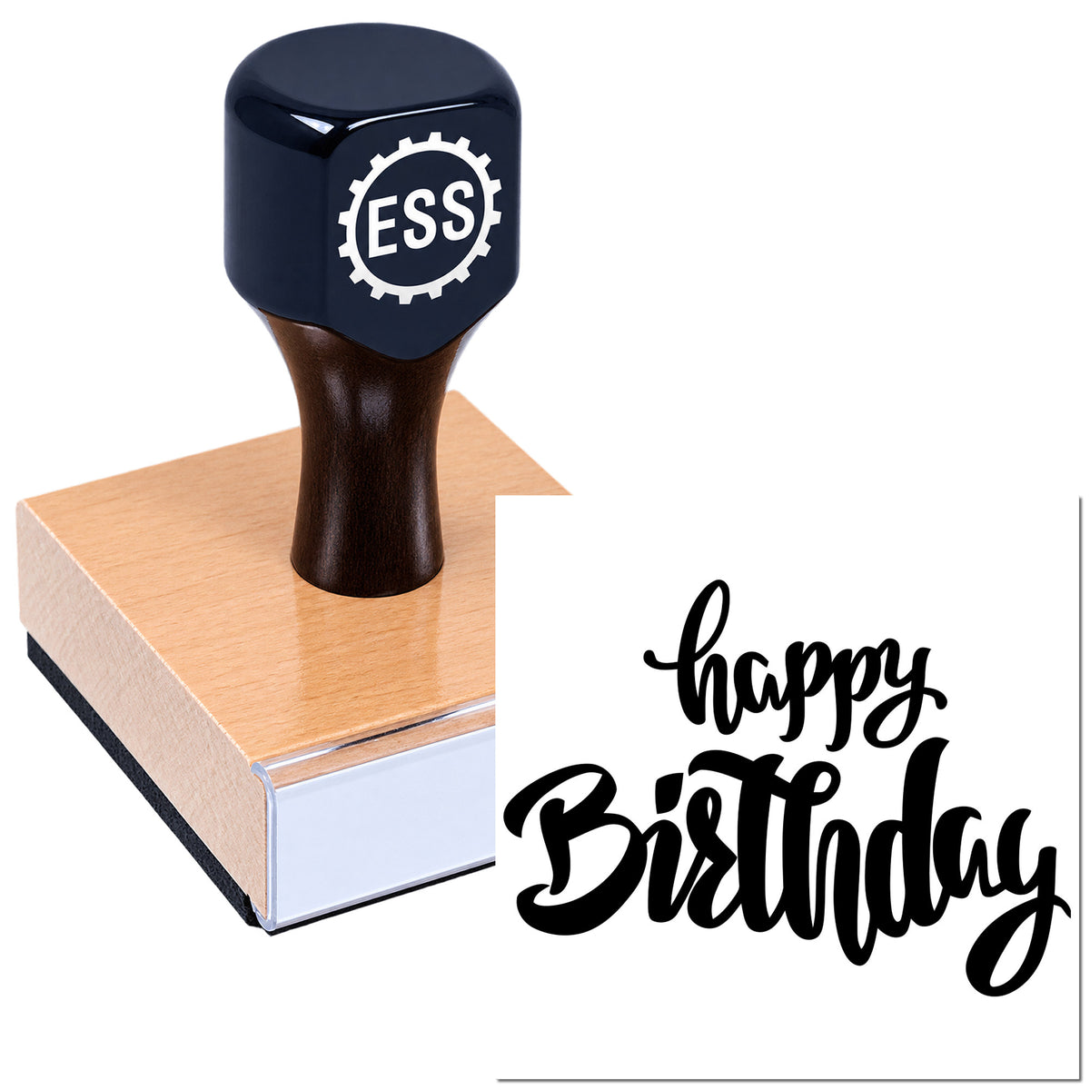 Black ESS rubber seal stamp on a copper-colored base, with a black "happy birthday" script impression.