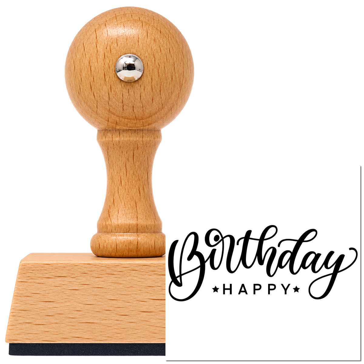 Vintage Pro beech wood stamp with a round knob handle, shown with its black Birthday Happy Reversed Layout Script Lettering imprint on white.