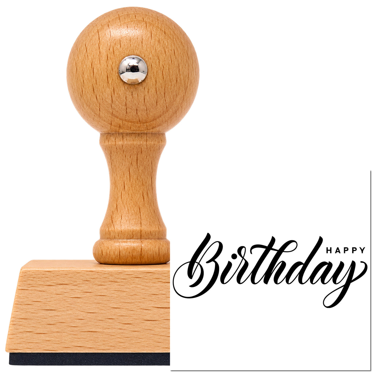 Vintage Pro beech wood stamp with a round knob handle, shown with its black Happy Birthday Asymmetric Script imprint on white.