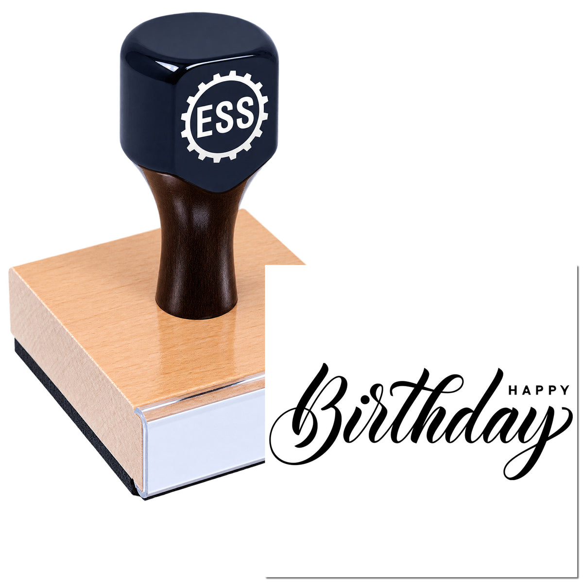 Black ESS rubber stamp on wooden block with copper plate, beside a white "Happy Birthday" seal design