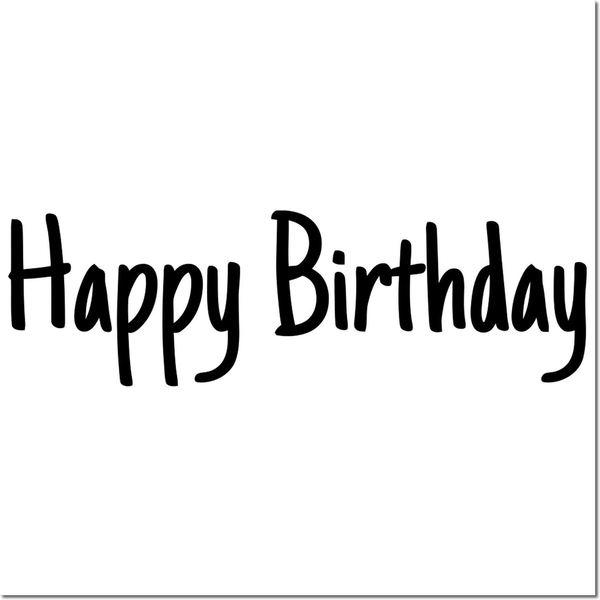Black Happy Birthday lettering on white background for custom stamp and seal products.