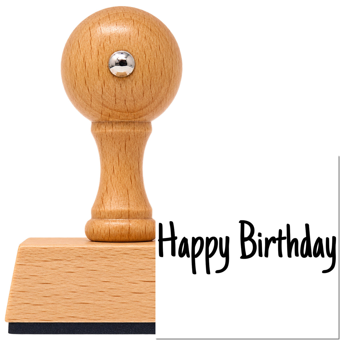 Vintage Pro beech wood stamp with a round knob handle, shown with its black Happy Birthday Narrow Handwriting imprint on white.