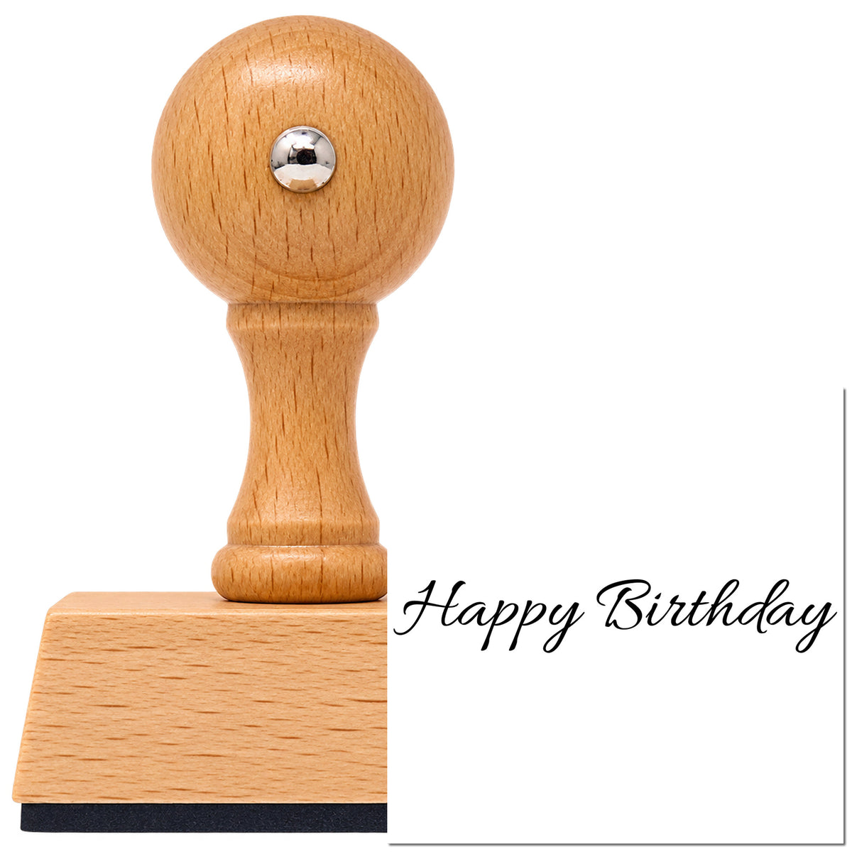 Vintage Pro beech wood stamp with a round knob handle, shown with its black Fine-Line Birthday Greeting Script imprint on white.